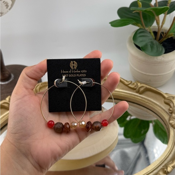 House of Harlow 1960 14KT Gold Plated Hoop Earrings with Multi-Colored Beads - Picture 3 of 6